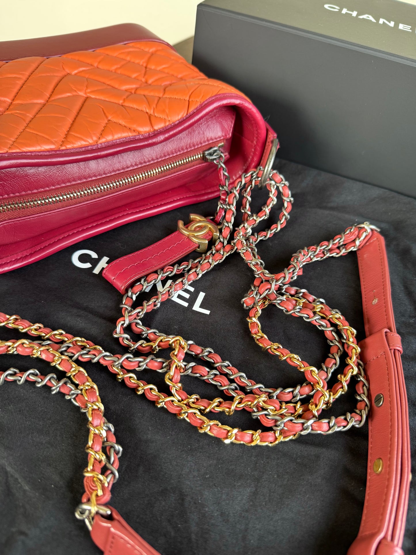 Pre-owned Chanel Gabrielle Small Orange Red Leather Hobo Bag