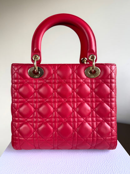 Pre-owned Dior Lady Dior Medium Red Lambskin Bag
