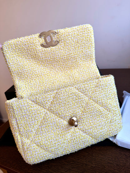 Pre-owned Chanel 19 Small Yellow Tweed Flap Bag