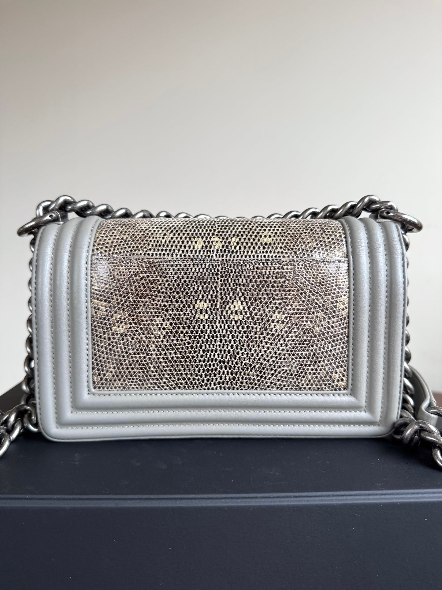 Pre-owned Chanel Boy Small Grey Lizard Leather Flap Bag