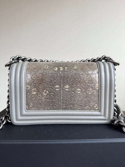 Pre-owned Chanel Boy Small Grey Lizard Leather Flap Bag