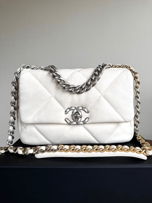Pre-owned Chanel 19 Small Creamy White Lambskin Flap Bag