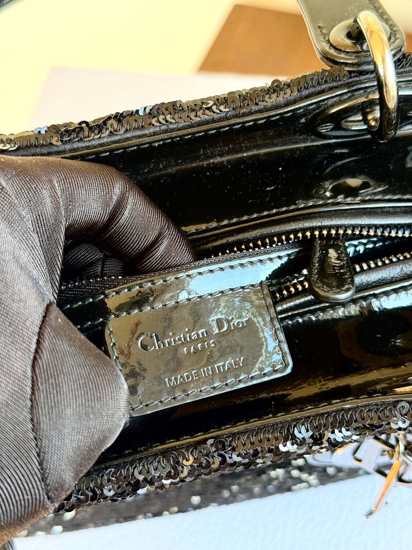 Pre-owned Dior Lady Dior Medium Black Sequin Patent Leather Bag