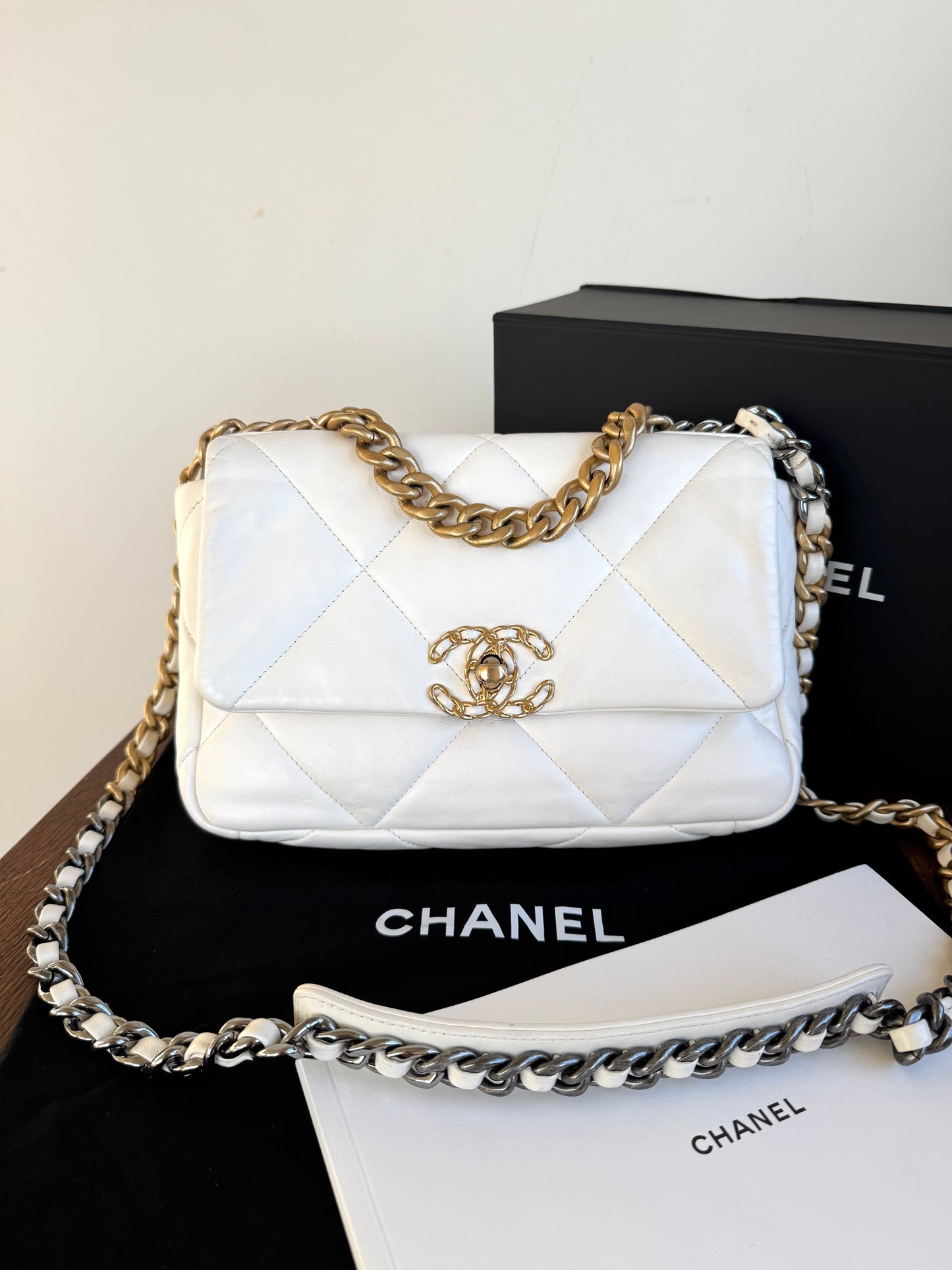 Pre-owned Chanel 19 Small White Lambskin Flap Bag