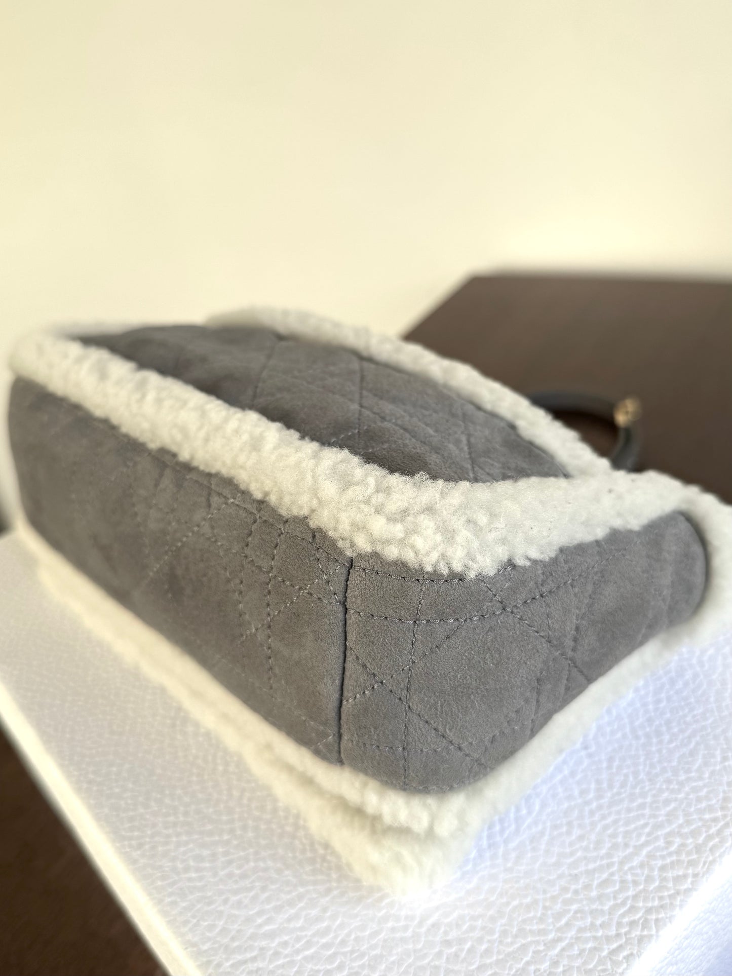 Pre-owned Dior Caro Small Grey Shearling Cannage Flap Bag