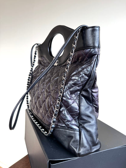 Pre-owned Chanel 31bag Large Black Purple Waxed Leather Tote Bag