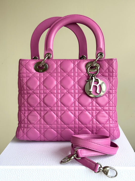 Pre-owned Dior Lady Dior Medium Pink Lambskin Bag