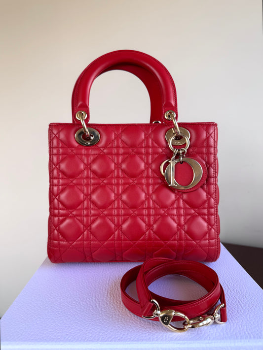 Pre-owned Dior Lady Dior Medium Red Lambskin Bag
