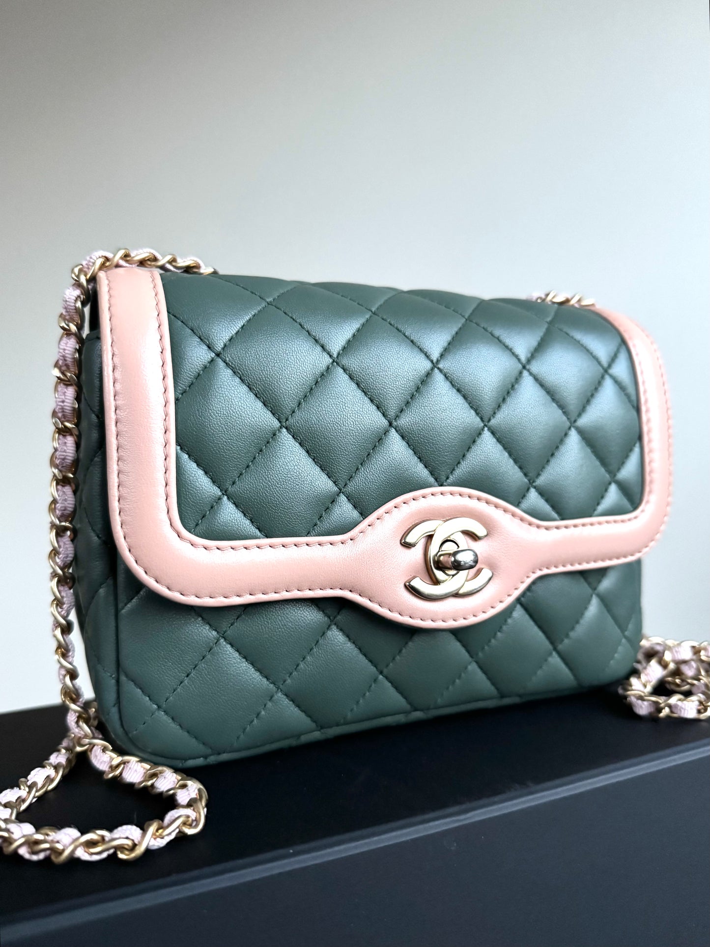 Pre-owned Chanel Diana Mini Bi-color Green Pink Leather Flap Bag