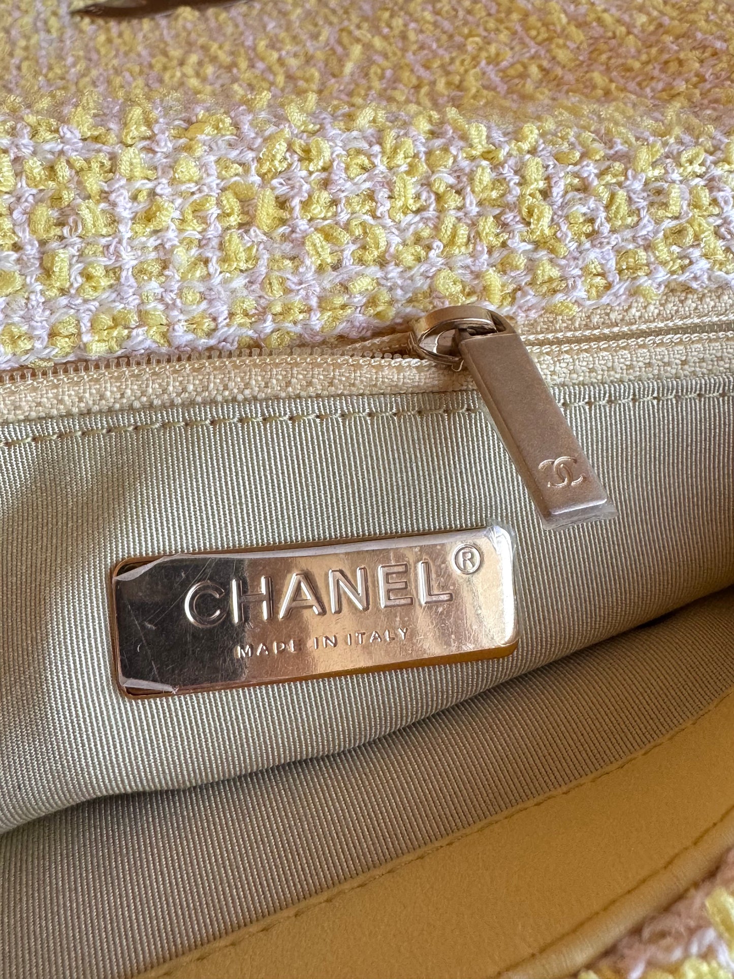 Pre-owned Chanel 19 Small Yellow Tweed Flap Bag