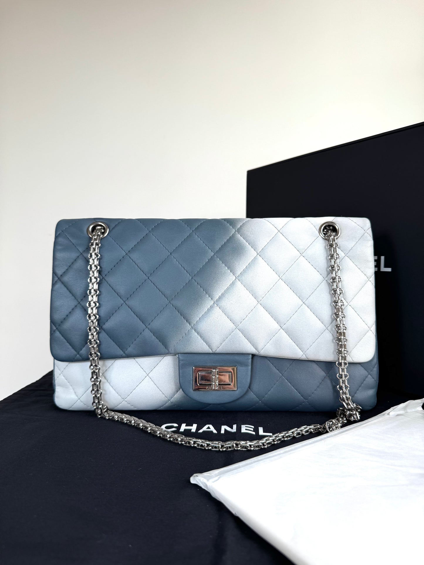 Pre-owned Chanel 2.55 Reissue Maxi 227 Misty Blue Degrade Lambskin Flap Bag
