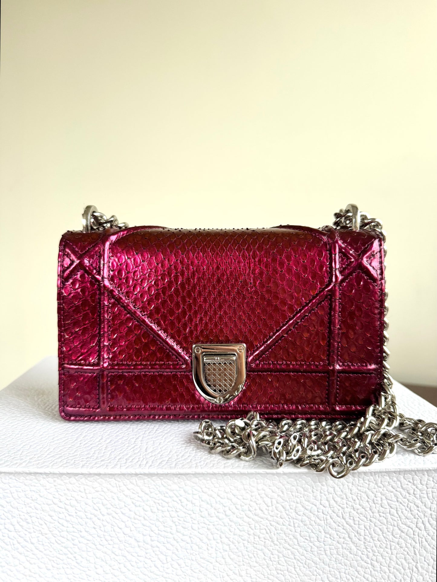 Pre-owned Dior Diorama Mini Metallic Rose Python Flap Bag