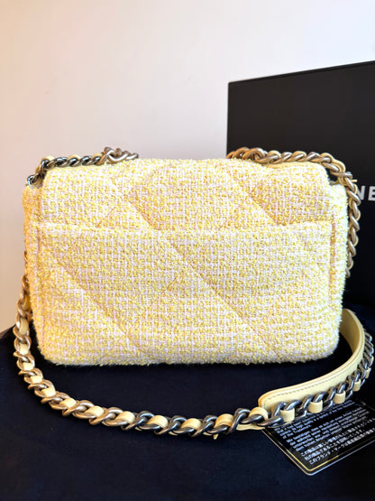 Pre-owned Chanel 19 Small Yellow Tweed Flap Bag