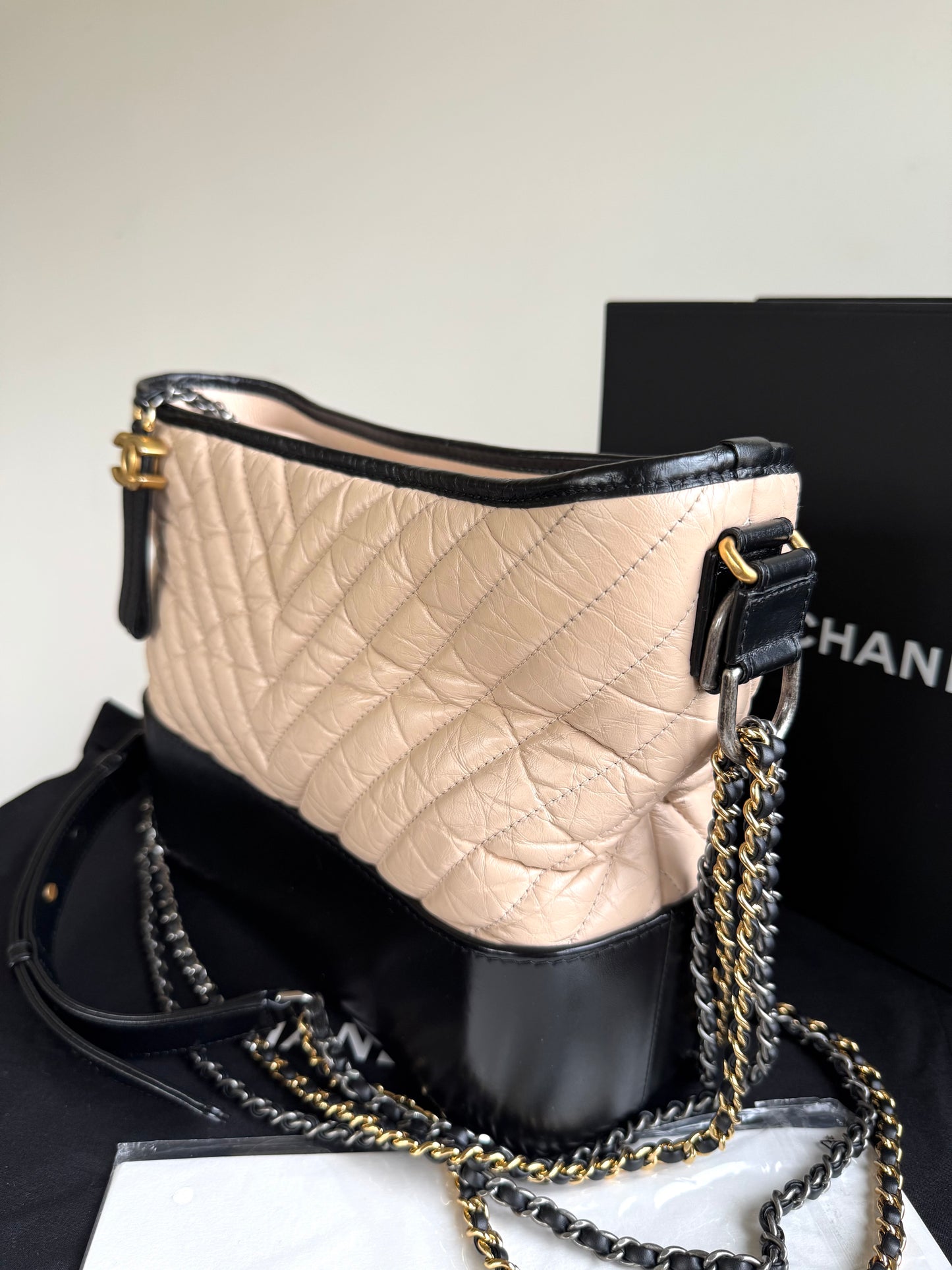 Pre-owned Chanel Gabrielle Medium V-Stitch Beige Black Leather Hobo Bag