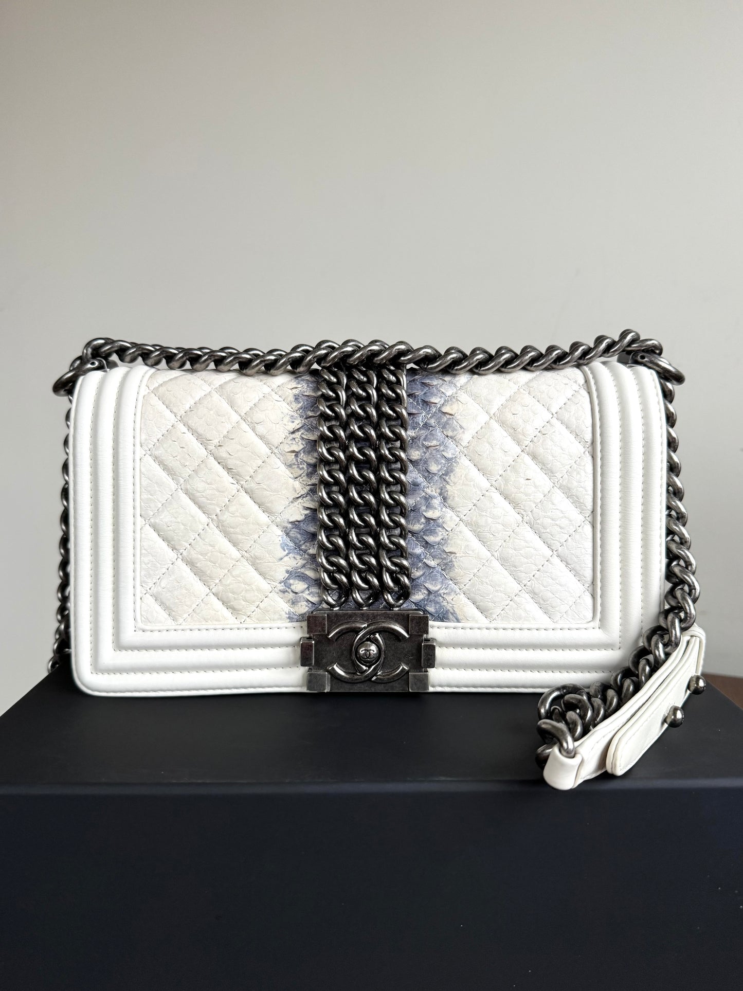 Pre-owned Chanel Boy Medium Off White Python Chain Around Flap Bag