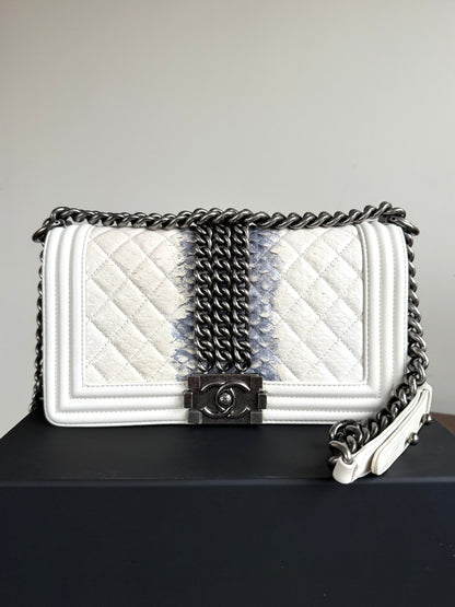 Pre-owned Chanel Boy Medium Off White Python Chain Around Flap Bag