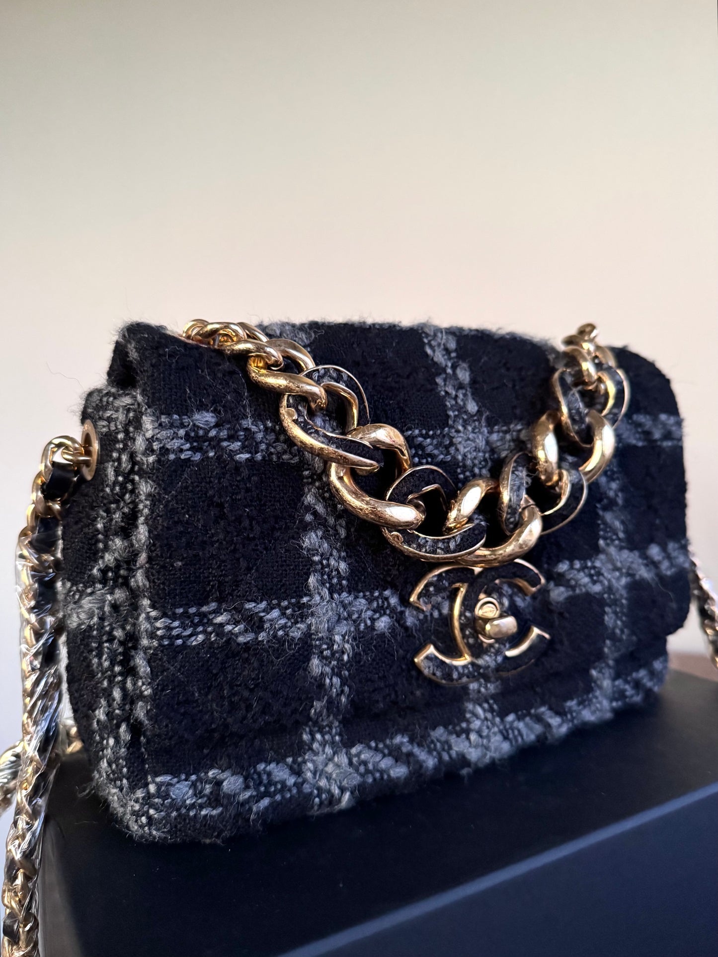 Pre-owned Chanel 19 Small Black Tweed Flap Bag