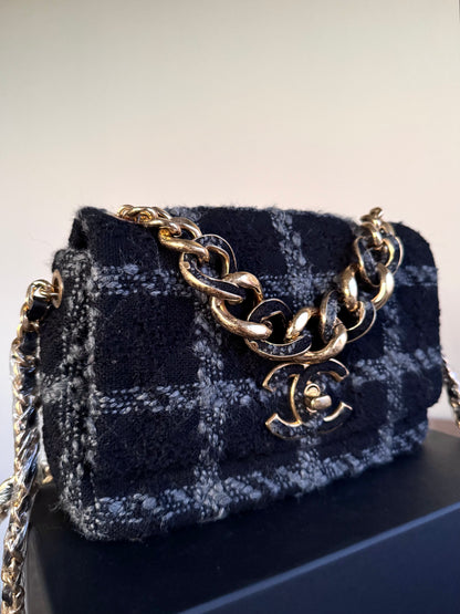 Pre-owned Chanel 19 Small Black Tweed Flap Bag