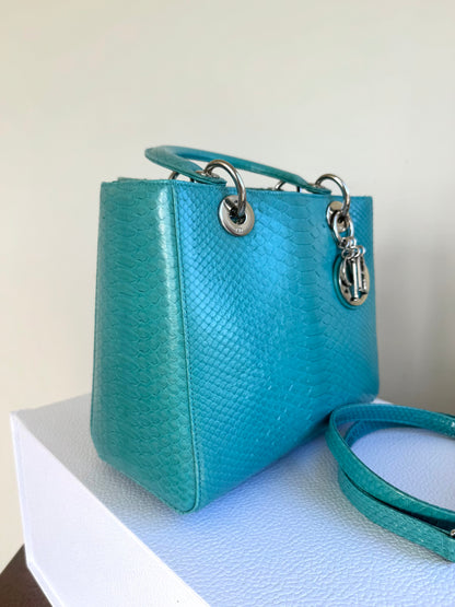 Pre-owned Dior Lady Dior Medium Tiffany Blue Python Bag