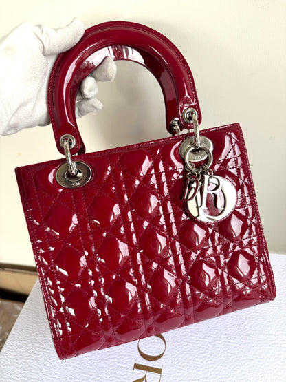 Pre-owned Dior Lady Dior Medium Burgundy Patent Leather Bag