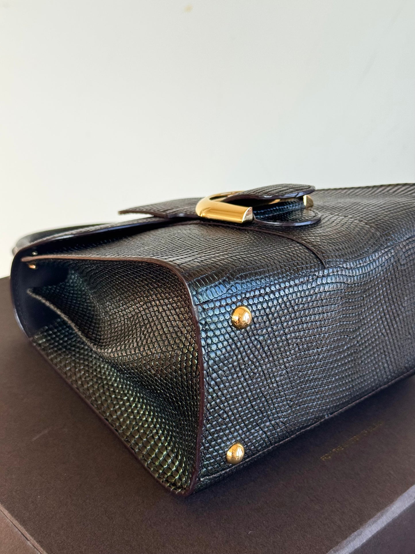 Pre-owned Delvaux Brillant Mini Metallic Dark Green Lizard Bag