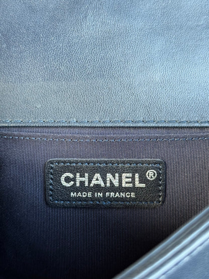 Pre-owned Chanel Boy Medium Blue Denim Tweed Leather Flap Bag