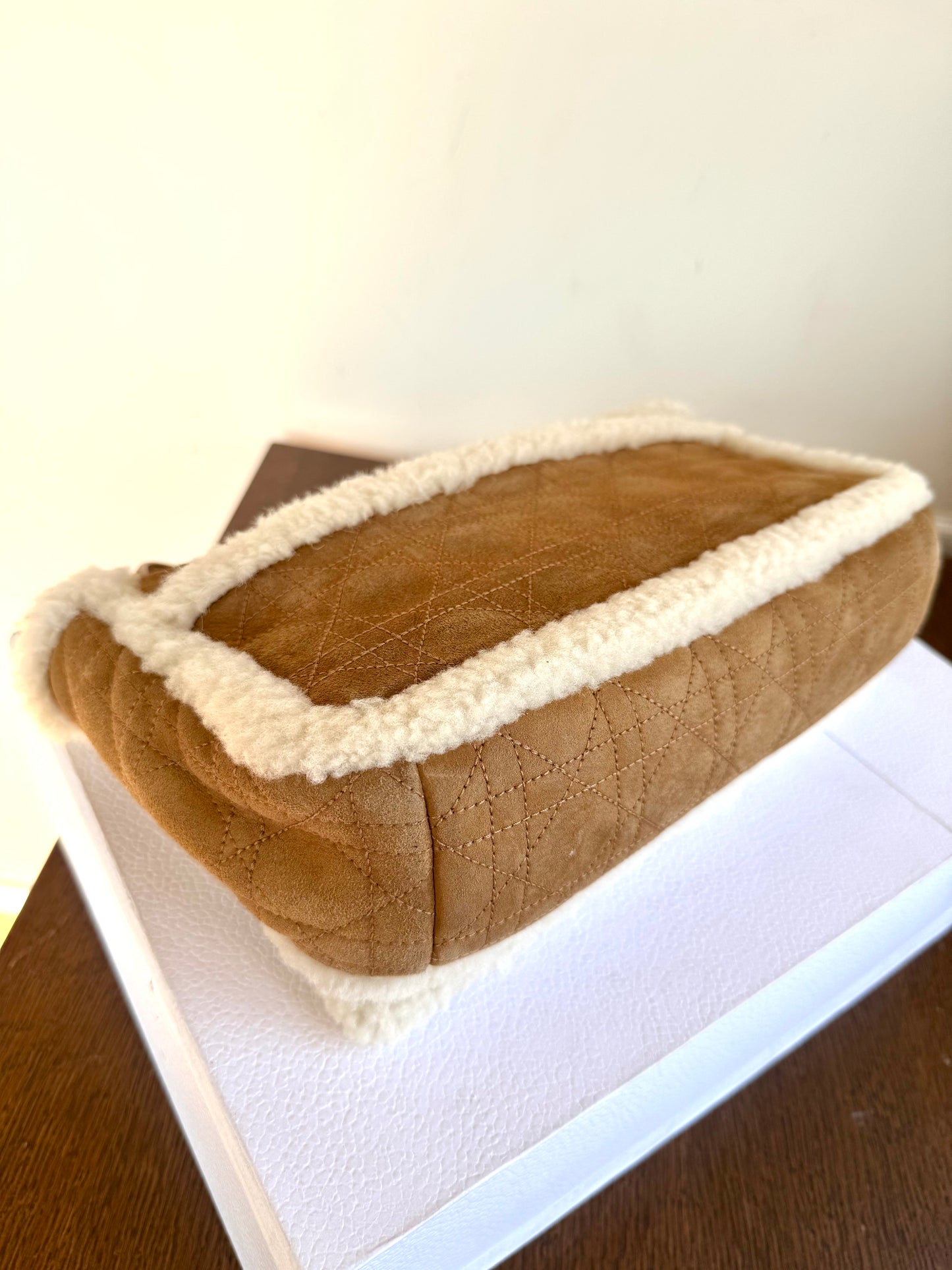 Pre-owned Dior Caro Large Camel Shearling Cannage Flap Bag