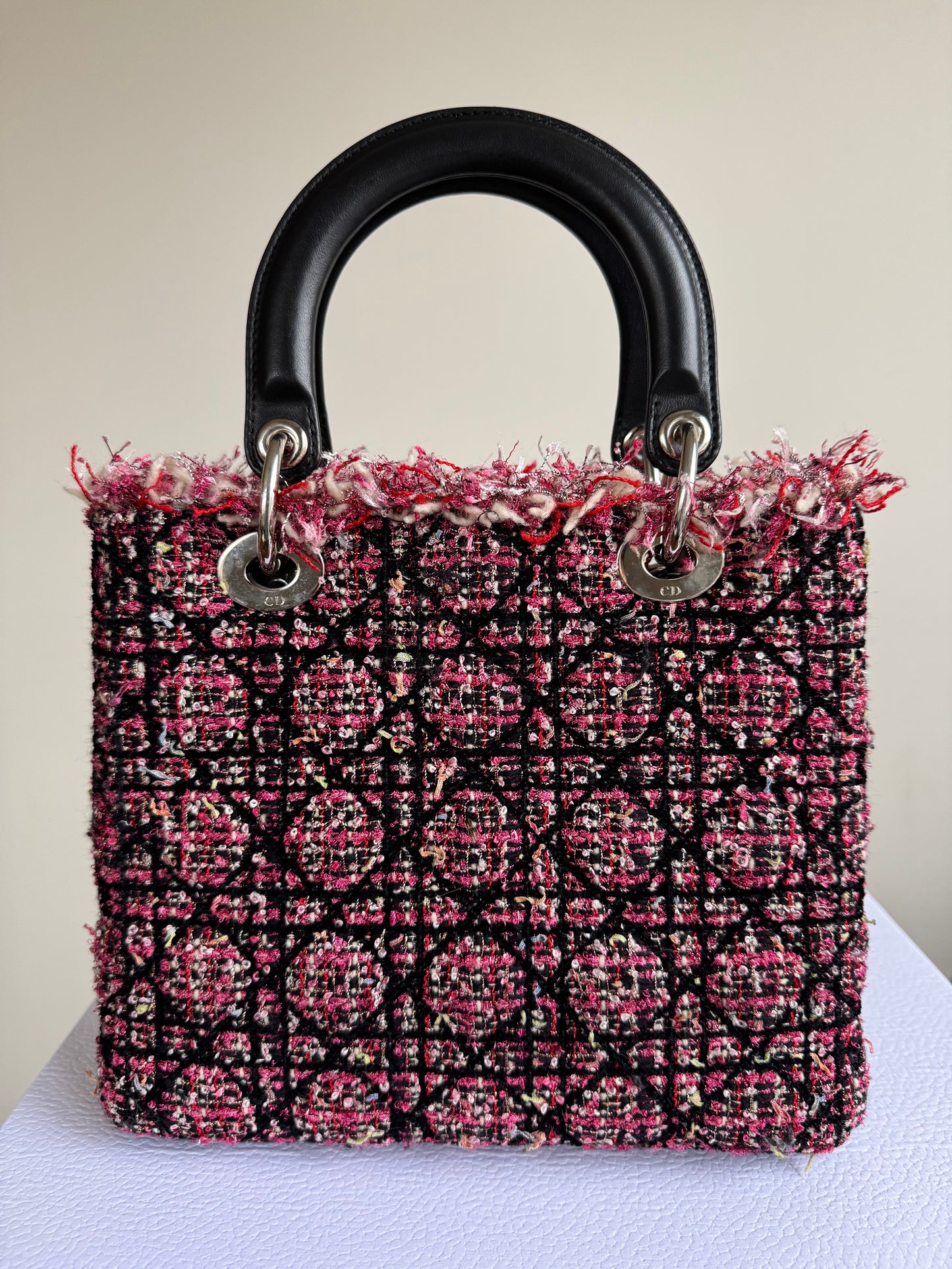 Pre-owned Dior Lady Dior Medium Black Pink Tweed Bag