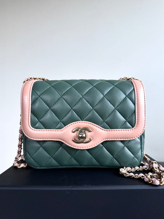 Pre-owned Chanel Diana Mini Bi-color Green Pink Leather Flap Bag