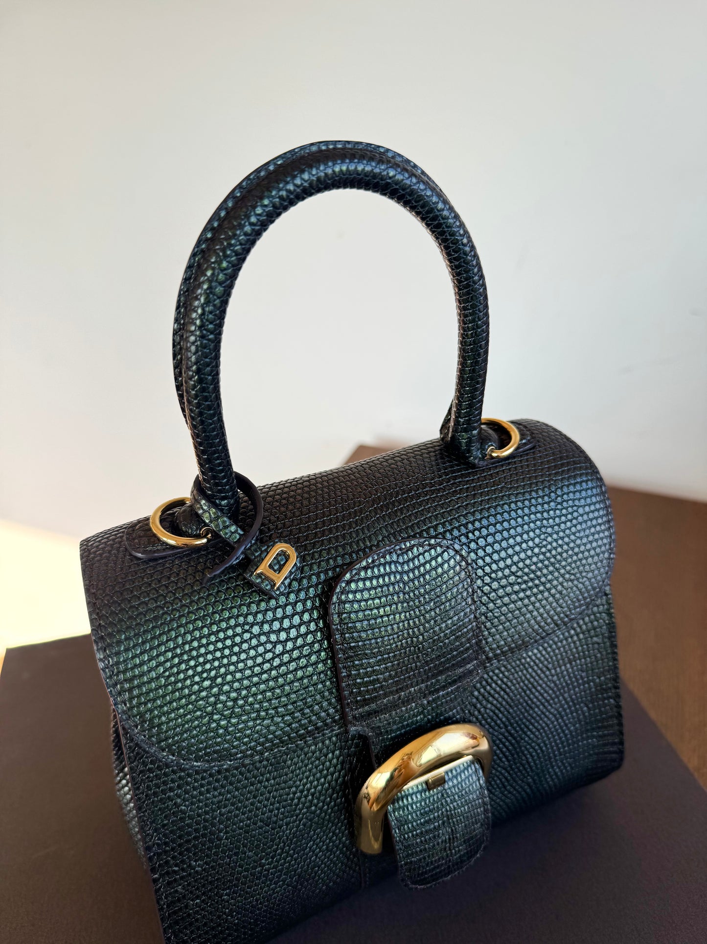 Pre-owned Delvaux Brillant Mini Metallic Dark Green Lizard Bag