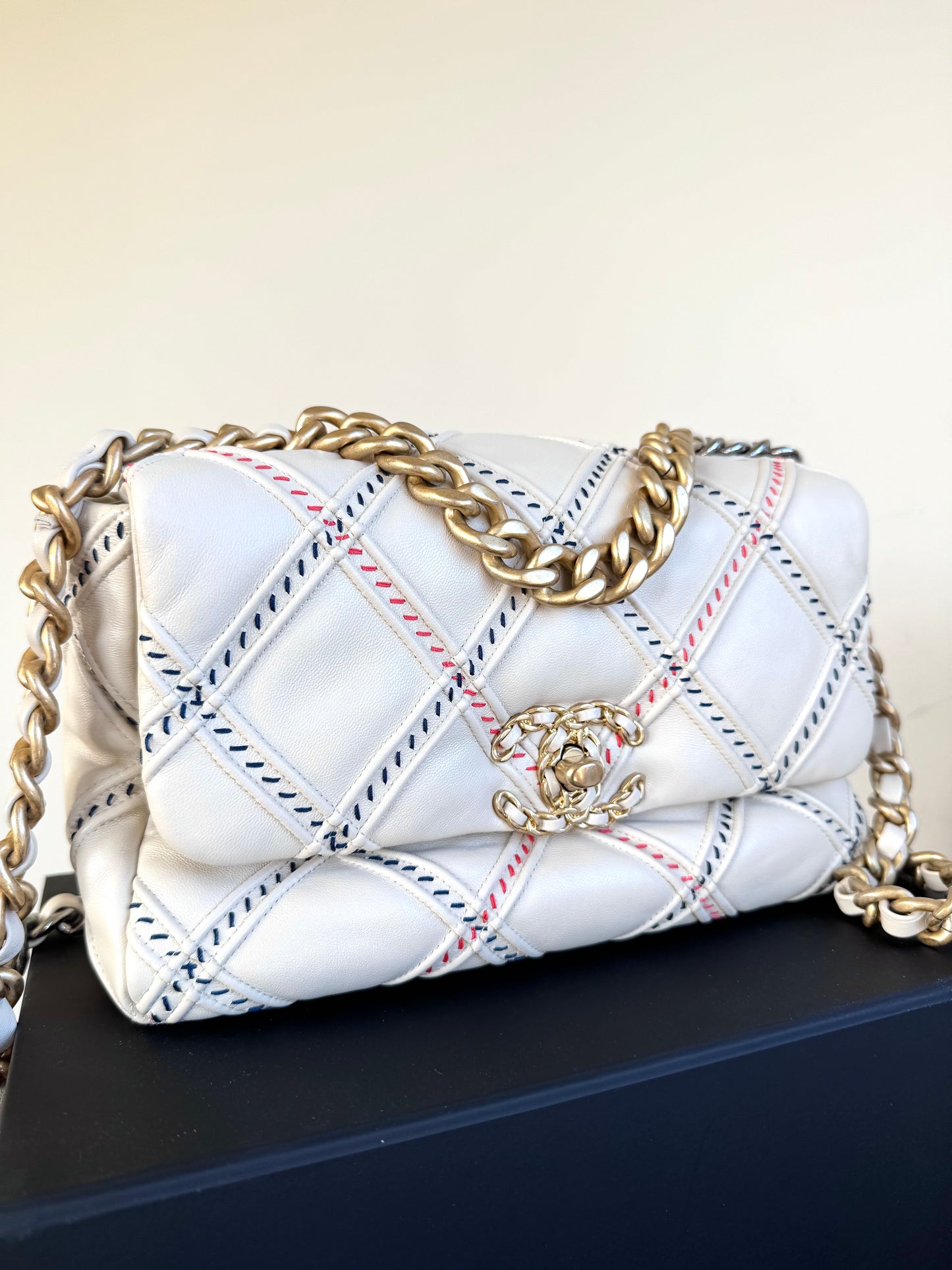 Pre-owned Chanel 19 Small Stitch Beige Lambskin Flap Bag Limited Edition