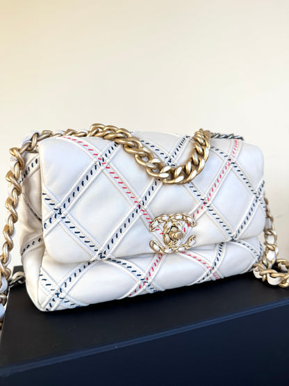 Pre-owned Chanel 19 Small Stitch Beige Lambskin Flap Bag Limited Edition
