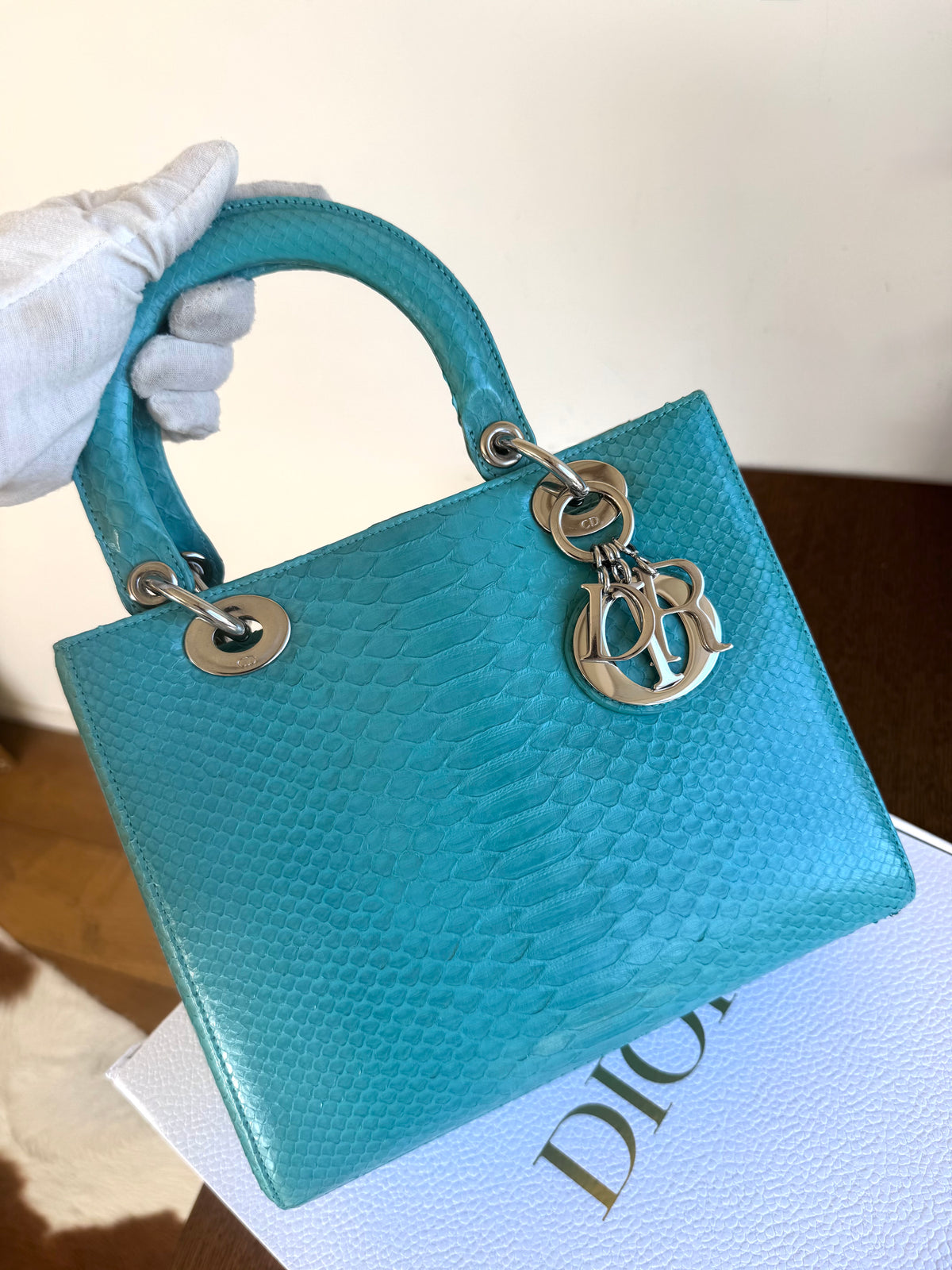 Pre-owned Dior Lady Dior Medium Tiffany Blue Python Bag