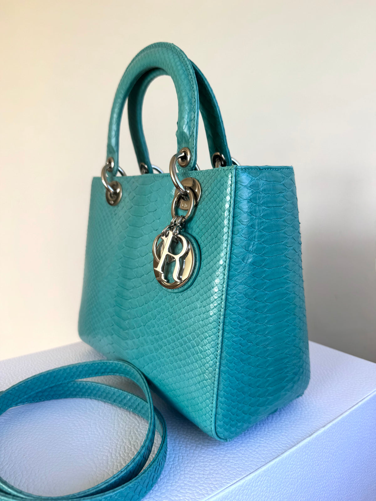 Pre-owned Dior Lady Dior Medium Tiffany Blue Python Bag