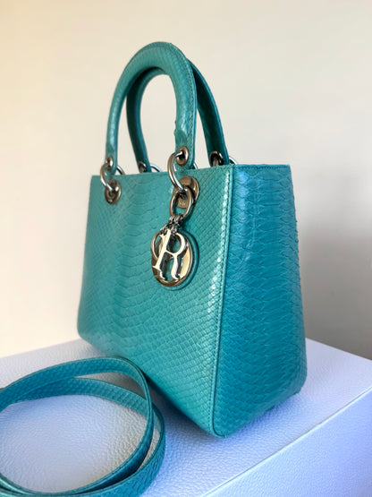 Pre-owned Dior Lady Dior Medium Tiffany Blue Python Bag