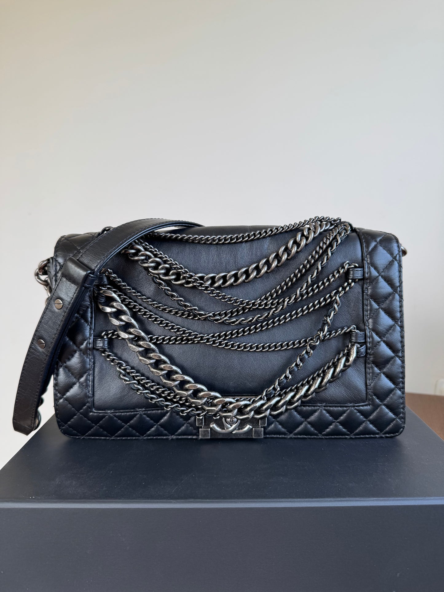 Pre-owned Chanel Boy Large Black Leather Multi-chain Flap Bag Limited Edition
