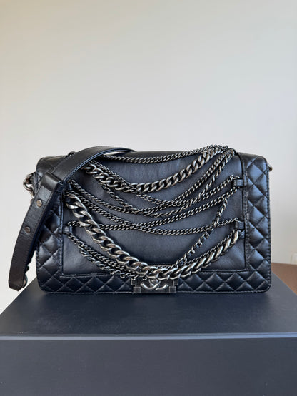 Pre-owned Chanel Boy Large Black Leather Multi-chain Flap Bag Limited Edition