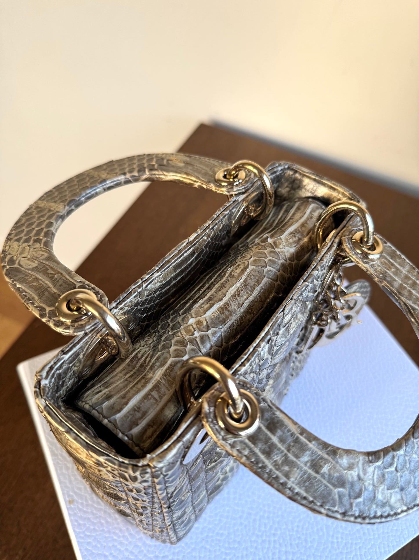 Pre-owned Dior Lady Dior Mini Metallic Grey Beige Python Bag