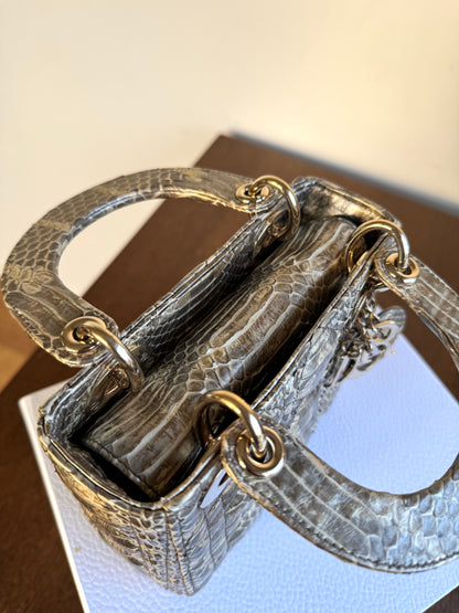 Pre-owned Dior Lady Dior Mini Metallic Grey Beige Python Bag