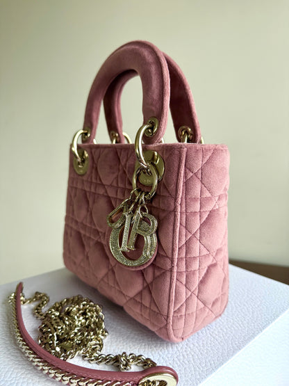 Pre-owned Dior Lady Dior Mini Crystal Dusty Rose Velvet Bag Limited Edition