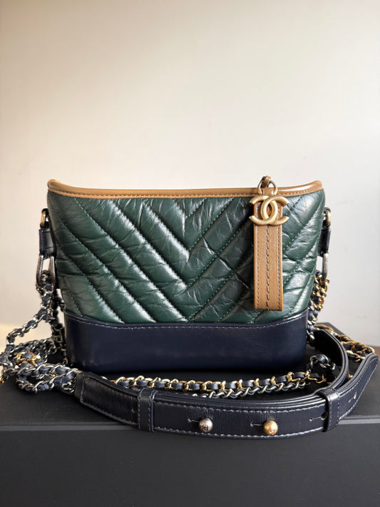 Pre-owned Chanel Gabrielle Small V-stitch Dark Green Leather Hobo Bag Limited Color