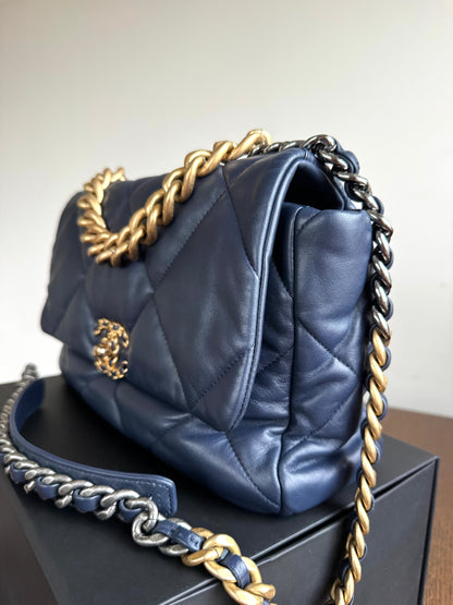 Pre-owned Chanel 19 Small Navy Lambskin Flap Bag