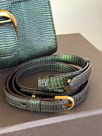 Pre-owned Delvaux Brillant Mini Metallic Dark Green Lizard Bag