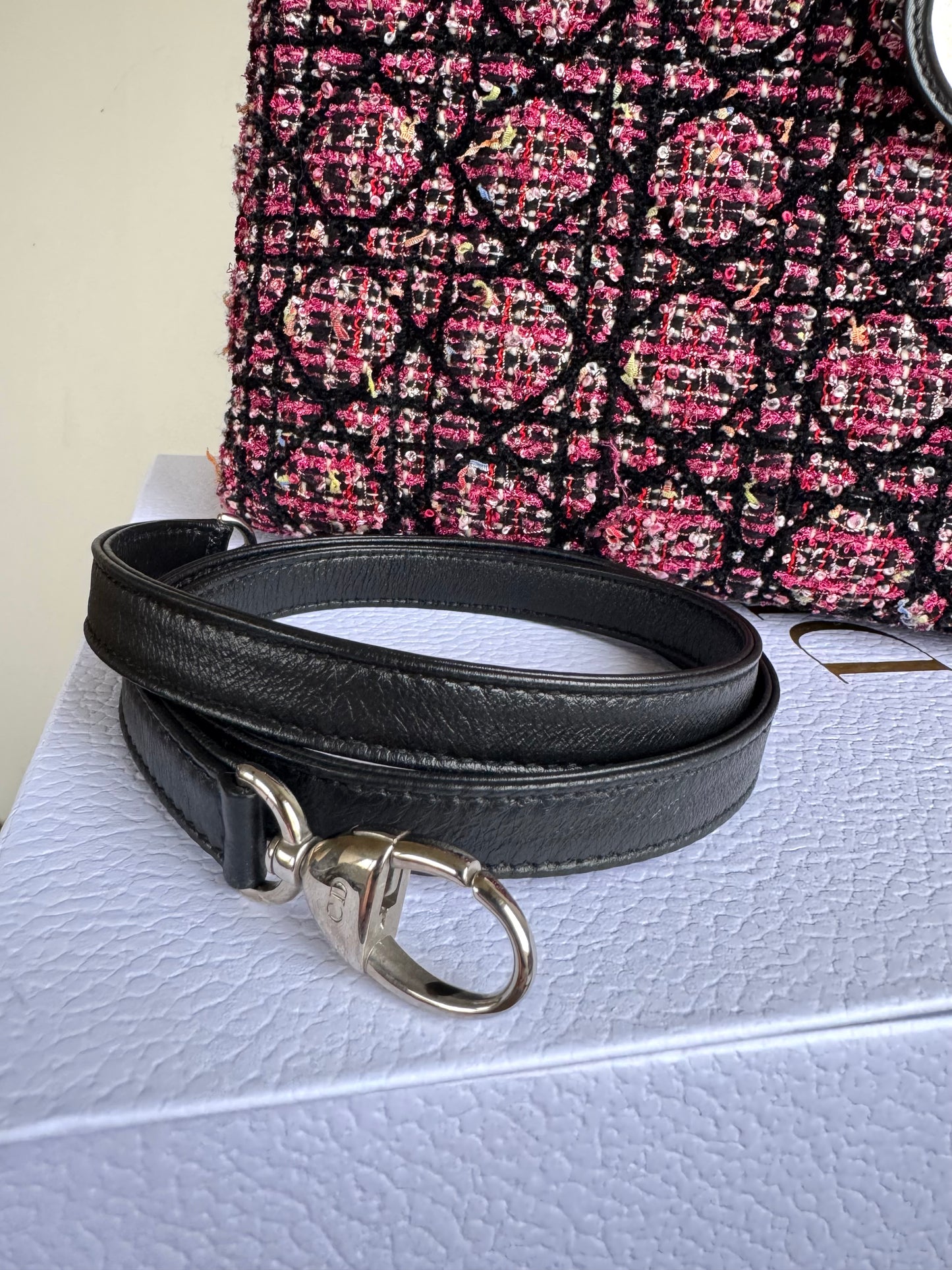 Pre-owned Dior Lady Dior Medium Black Pink Tweed Bag