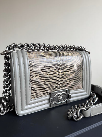 Pre-owned Chanel Boy Small Grey Lizard Leather Flap Bag