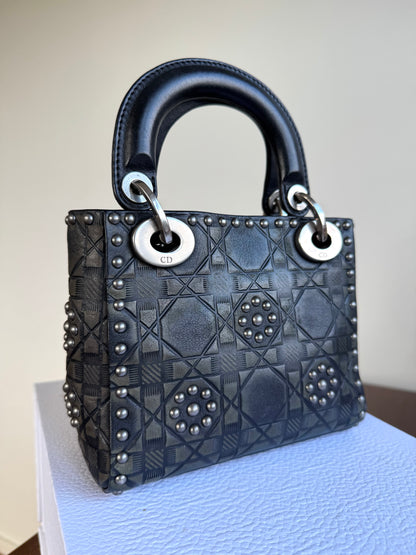 Pre-owned Dior Lady Dior Mini Studded Blacked Aged Calfskin Bag Limited Edition