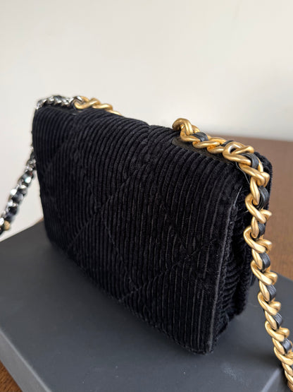Pre-owned Chanel 19 Wallet On Chain Corduroy Black Bag