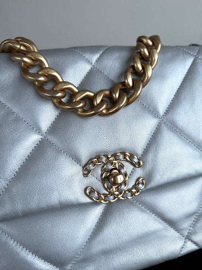 Pre-owned Chanel 19 Large Silver Lambskin Flap Bag