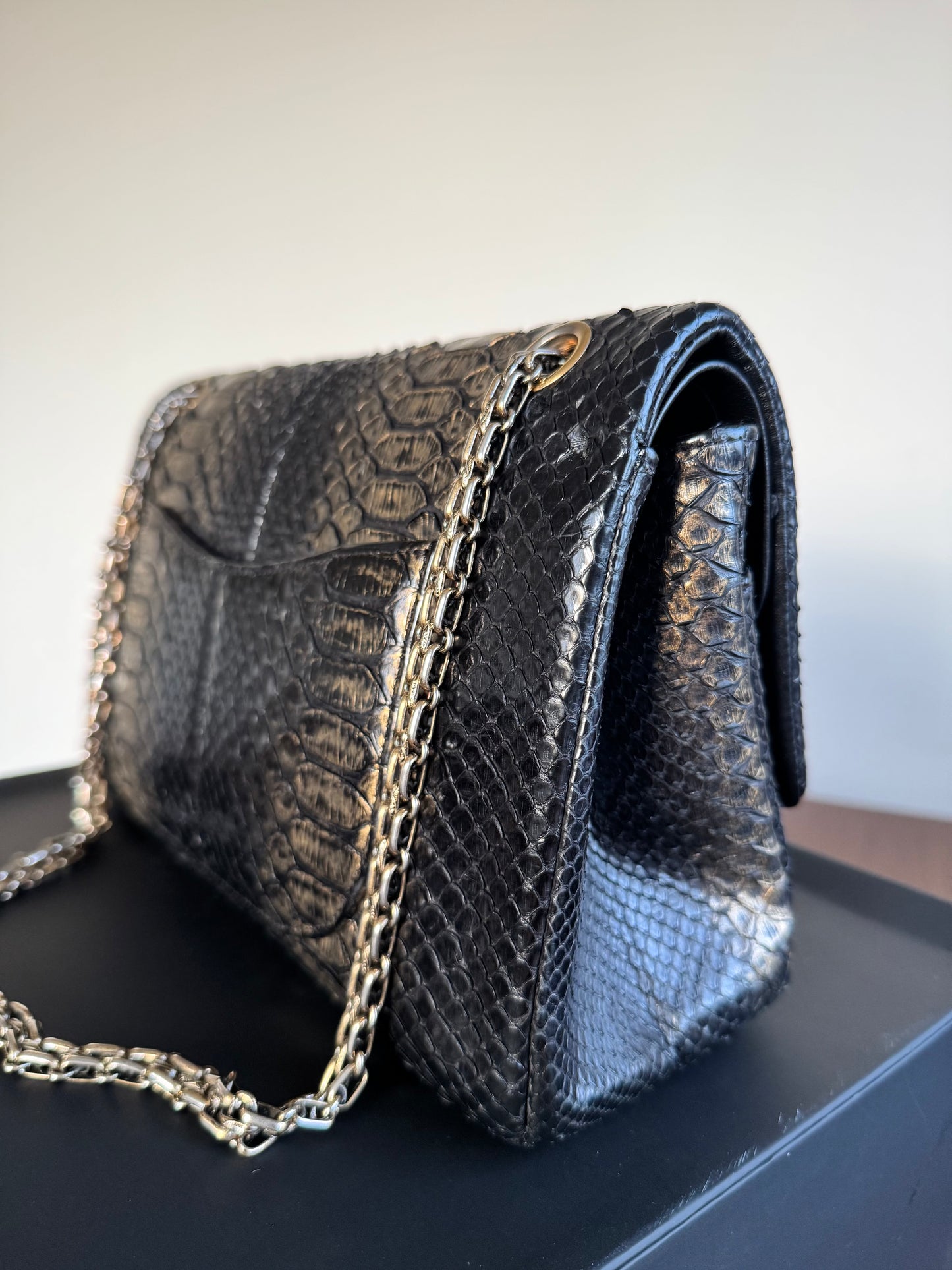 Pre-owned Chanel 2.55 Reissue Large 226 Black Gold Python Flap Bag