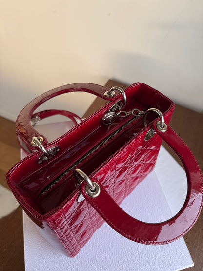 Pre-owned Dior Lady Dior Medium Burgundy Patent Leather Bag